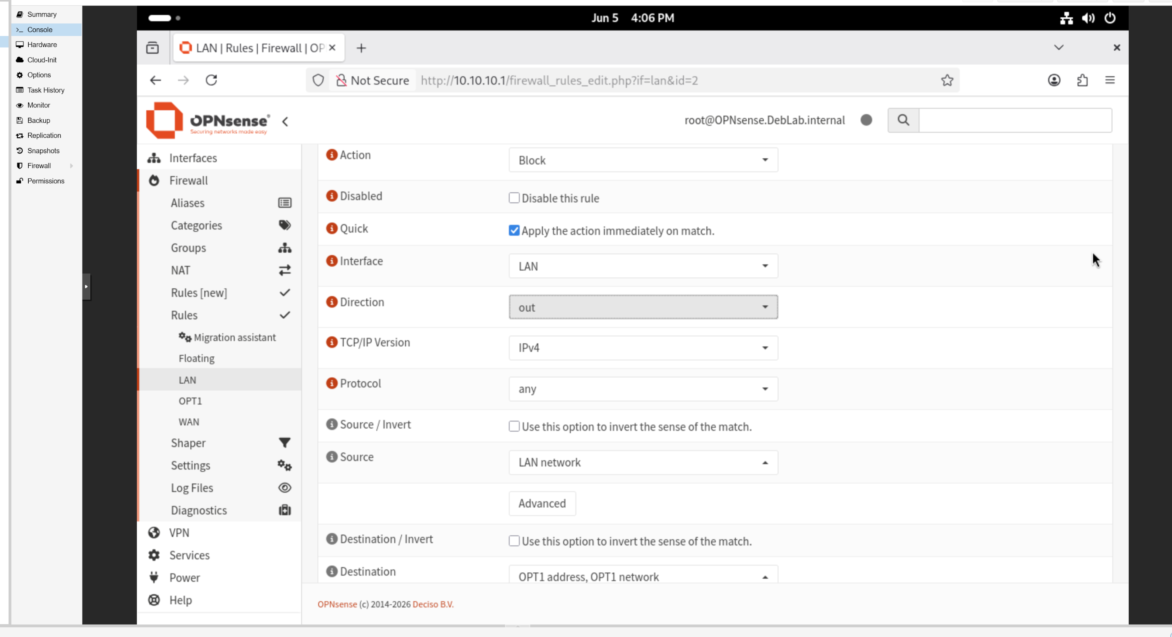OPNsense LAN rule configuration